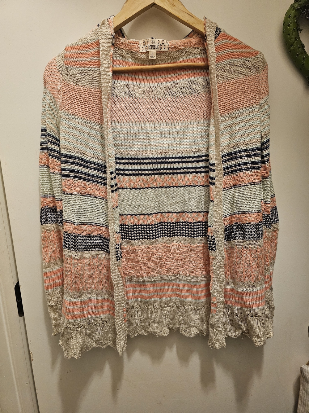 Pink Republic Striped Open Knit Hooded Cardigan Sweater Size L
